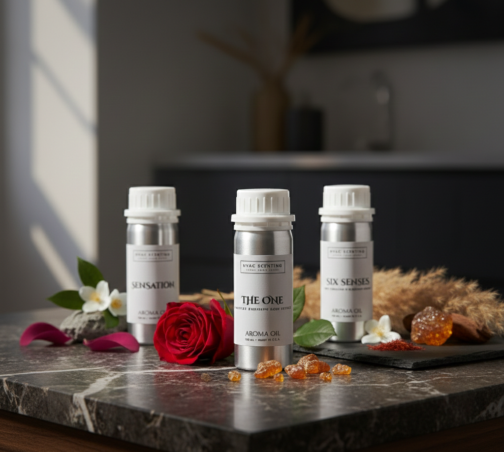 Three aroma oil bottles labeled 'Sensations', 'The One', and 'Six Senses' on a marble surface with flowers and amber beads.