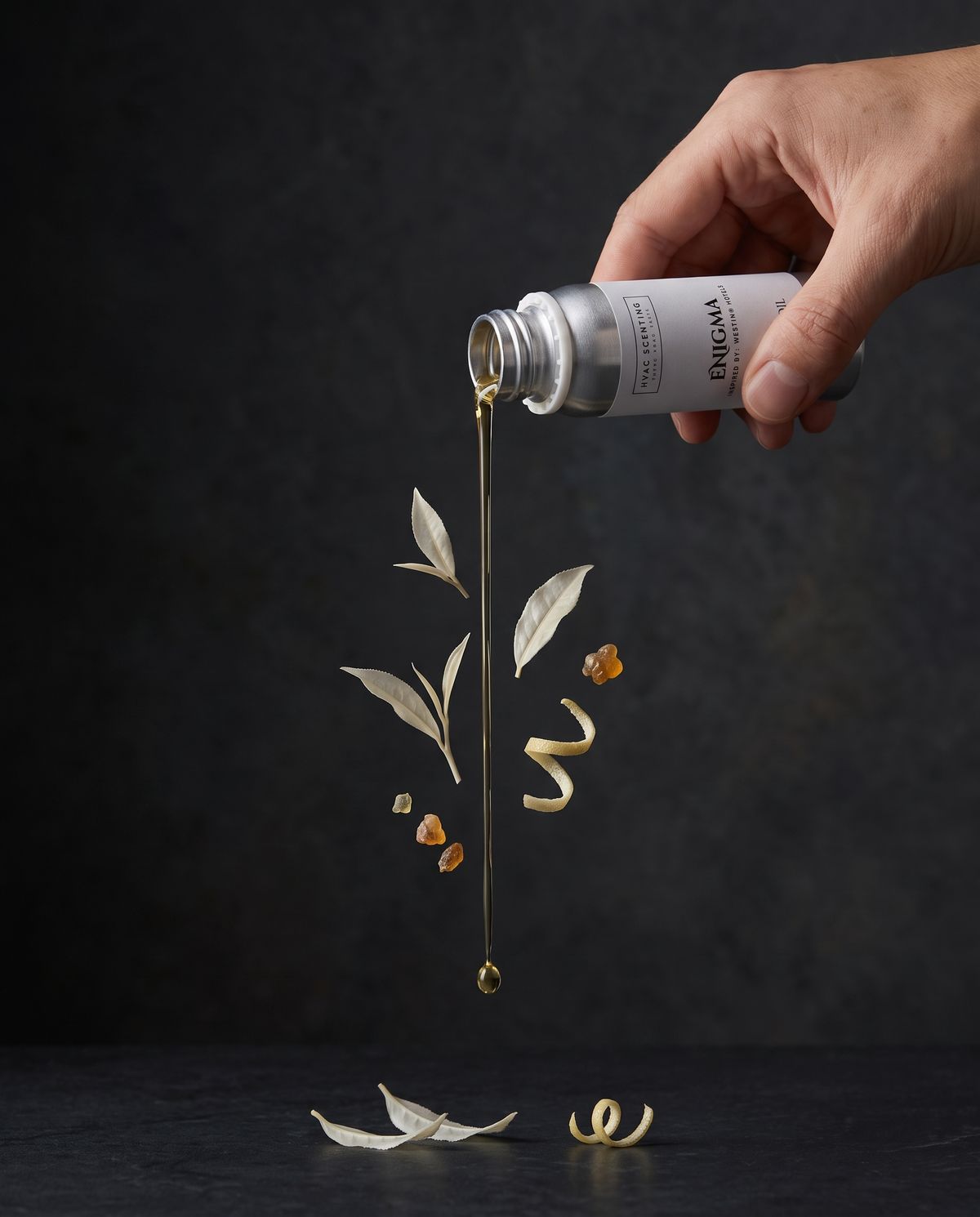 A hand holds a small white and silver bottle labeled ENGLAND, pouring a thin golden liquid in a dramatic vertical stream. Dry leaves, small amber pieces, and curled botanical elements float or fall below, set against a dark textured background.