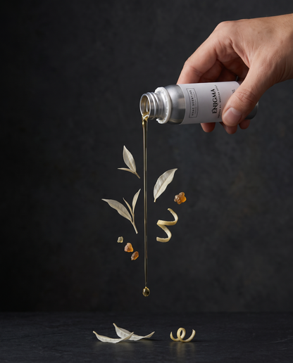 A hand holds a small white and silver bottle labeled ENGLAND, pouring a thin golden liquid in a dramatic vertical stream. Dry leaves, small amber pieces, and curled botanical elements float or fall below, set against a dark textured background.