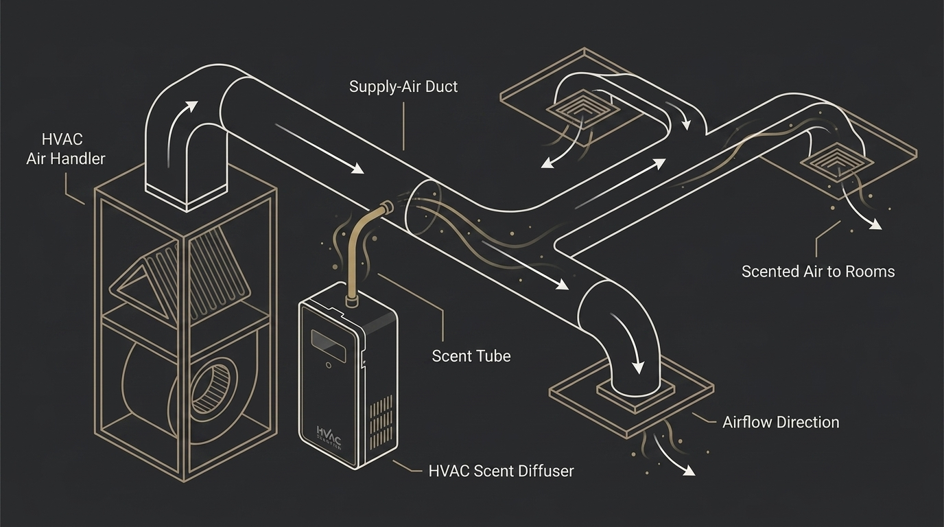 Diagram of HVAC scent diffuser system with labeled components on a black background
