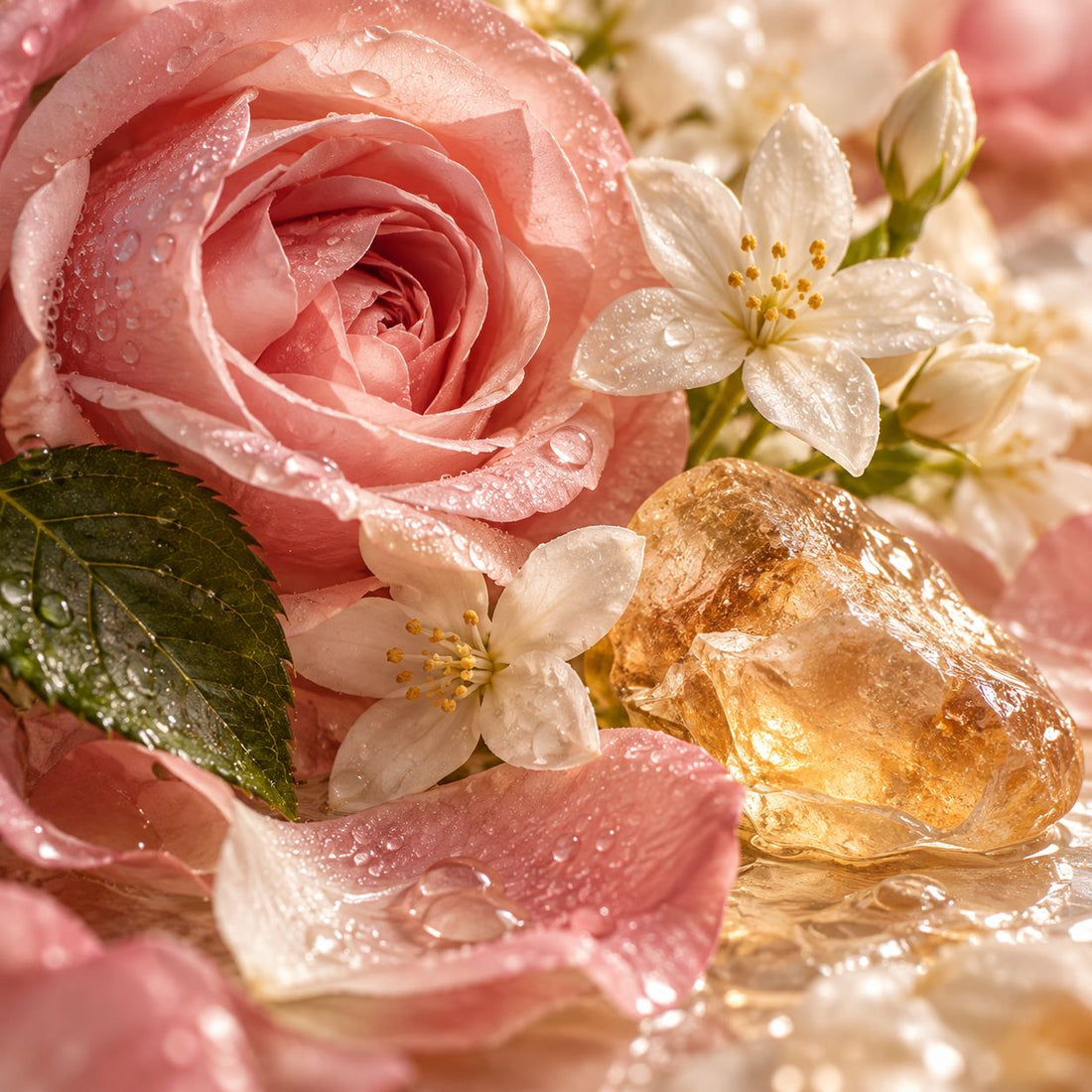 A close-up still life of a pink rose, white blossoms, pink petals, a green leaf, and a translucent amber stone on a glossy surface with water droplets.