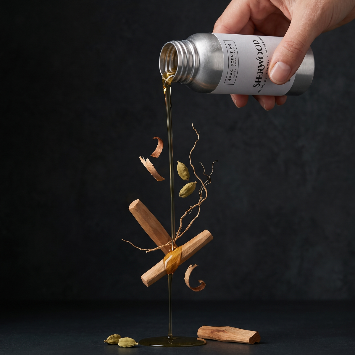 A hand pours amber-colored liquid from a silver metal bottle labeled &